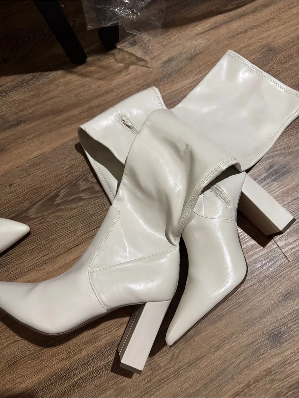 Cream Pointed-Toe Mid-Calf Boots